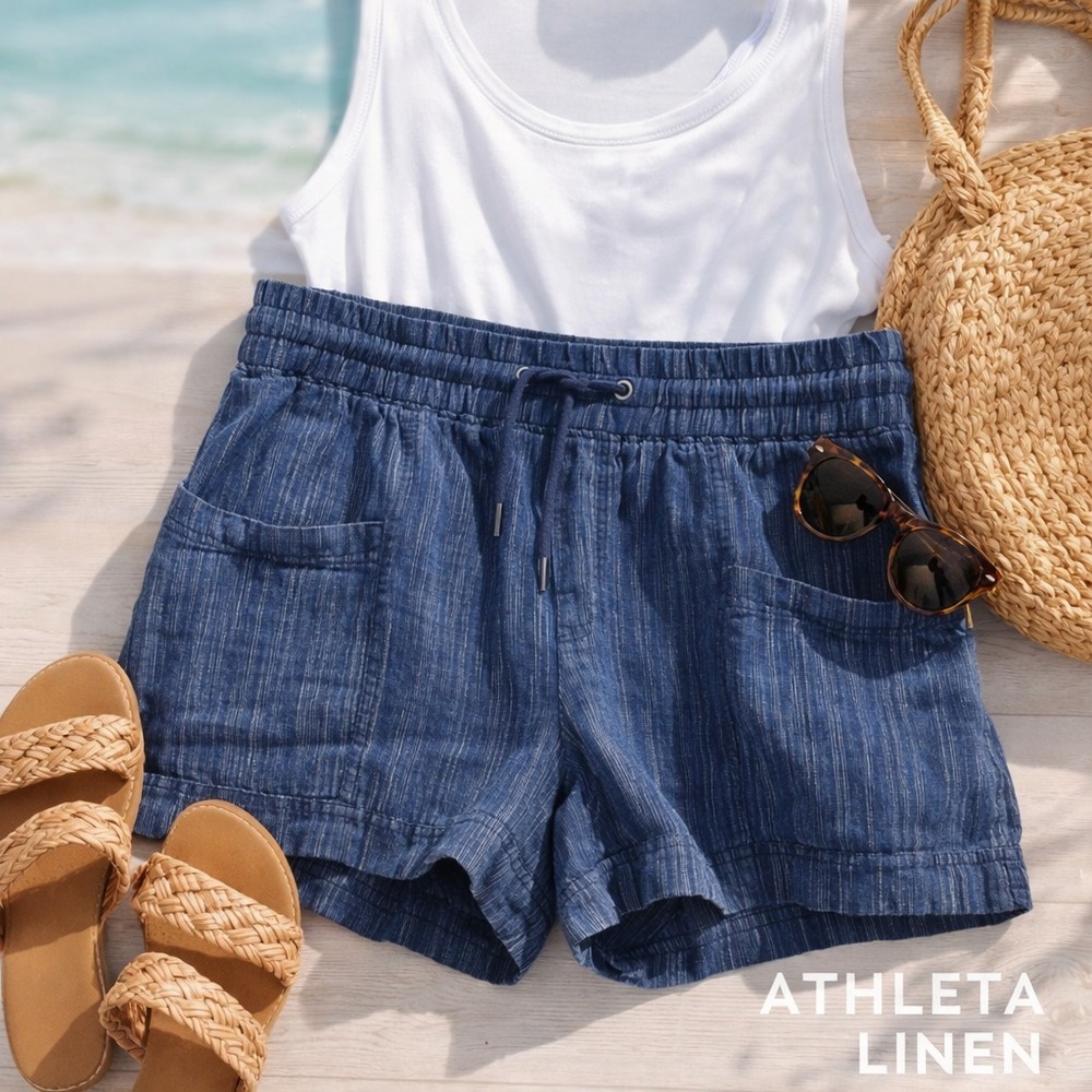 Athleta Cabo Linen Shorts Womens Size 14 Blue Textured Drawstring Pull-On
